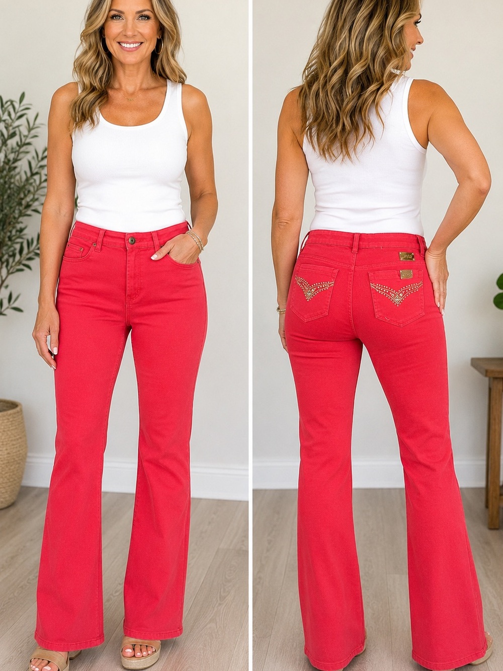 DG² by Diane Gilman Women’s Size 14 Red Bootcut Jeans with Embellished Pockets